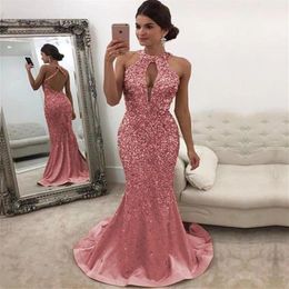 2021 New Pink Evening Dresses Jewel Neck Sequined Lace Long Backless Mermaid Prom Dress Sweep Train Custom Illusion Robes De Soire312Z