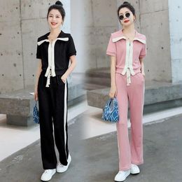 Women's Two Piece Pants Fashion Korean 2 Set Women Summer Outfits Casual Short Sleeve Top Wide Leg Pant Suit Elegant A512