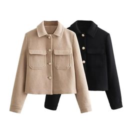 UNIZERA Winter Womens Fashion Versatile Lapel Pocket Buckle embellishment Blended Short Jacket Coat 240116