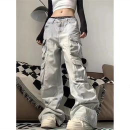 American Multi Pocket Cargo Pants Jean Vintage Wash Loose Wide Leg High Rise Jeans Oversized Casual Straight 240116