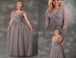 Graceful chiffon silver mother of bride dresses illusion bodice lace full length beach wedding guest groom mom dress with detachab8769798
