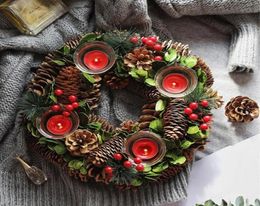 Christmas Candle Holders Pine Cone Berries Woodland Rustic Xmas Decor Table Centrepiece Christmas Wreath with Four CandleHolder4143211