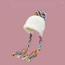 Berets Knitted Stripe Beanies Caps Ladie Winter Ear Protection Colourful Tassel Warm Wool Hat With Pompom For Woman
