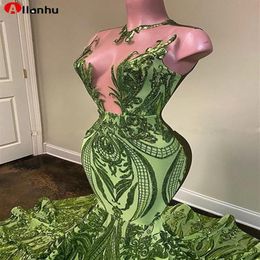 NEW Sparkly Sequin Olive Green Mermaid African Prom Dresses 2022 Black Girls Long Graduation Dress Plus Size Formal Evening Gowns300m