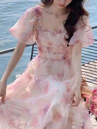 Party Dresses 2024 Summer Floral Midi Dress Elegant Woman Beach Korean Style French Vintage High Waist Slip Design