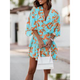 Basic & Casual Dresses Casual Dresses Women Short Sleeve V Neck Party Dress Commuter Fashion Print Beach Mini Lady Elegant Lace-Up Ru Dhglq