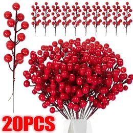 Decorative Flowers 20/1Pcs Christmas Artificial Berries Fake Holly Berry Flower Stamen Bouquet DIY Christma Wreath Xmas Year Gifts Table
