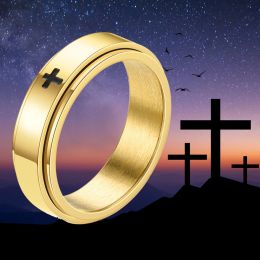 Anxiety Fidget Spinner Rings Religious 14k Yellow Gold Simple Smooth Cross Rings for Women Men Anti Stress Jewellery