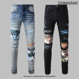 American Street Hip-Hop Men's Jeans, Water-Washed, Distressed, Patched, Stitched, Star-Patched, Slim Fit, Trendy AMR Denim Pants with Drip Style and Drill Details