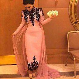 Vintage High Neck Ankle Length Sheath Evening Dresses with Long Sleeves black Lace Appliques Prom Dresses Formal gowns Vestidos Lo250r