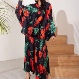 Women's Two Piece Pants SuperAen 2024 European And American Arrival Satin Print Bat Sleeves Long Shirts Pleated Women Sets