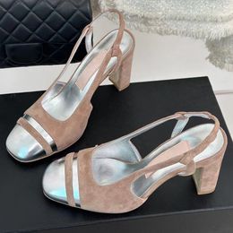 High Quality Kid Suede Leather Women High Heel Sandals Runway Sexy Patchwork Slingback Slip ON 2024 Spring Summer Women Designer Chunky Heel Dress Party Hot Sandals