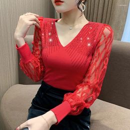 Women's T Shirts 2024 Spring Fall Korean Clothes T-Shirt Chic Sexy V-Neck Patchwork Lace Diamodns Women Tops Long Sleeve Hand Made Tees