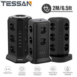 Power Cable Plug TESSAN Vertical Tower Power Strip with 11/12 AC Outlets 3/4/5 USB Multiple Sockets with Switch Overload Protection 2M Cable YQ240117