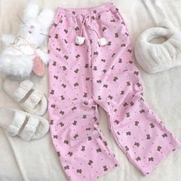 Women's Pants Pink Japanese Sweet Cartoon Bear Print Corduroy Women Plush Ball Bandage Casual Trousers Harajuku Y2k Wide Leg Loose