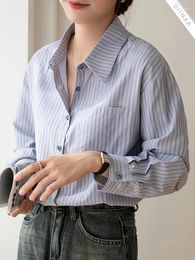 Women's Blouses Oiinaa Shirts For Women Tops Blue Chic Striped Pocket Casual Blouse Comfortable Loose Long Sleeve Ladies Fashion Top