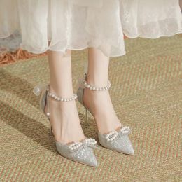 Dress Shoes Size 30-44 Stiletto Heel Silver Point Toe Pearls 9cm High Heels Women Wedding Party Pumps