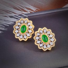 Stud Earrings RUZZALLATI Retro Court Style Simulation Jade For Women Hollow Design Vintage Two Tone Gold Earing Ear Jewellery