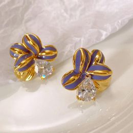 Stud Earrings European And American Retro Drop Glaze Gem Three-Dimensional Flower Women