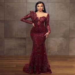 2021 Arabic Aso Ebi Burgundy Lace Beaded Evening Dresses Mermaid Sheer Neck Prom Dress Long Sleeves Formal Party Second Reception 248R