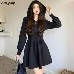 Hooded Zipper Dresses Mini Solid Korean Style Long Sleeve Elegant Leisure Soft Fashion Vintage Simple Streetwear Aline 240117