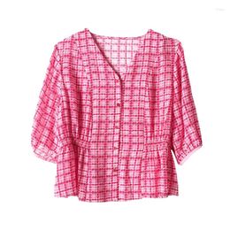 Women's Blouses Plaid Women Blouse Three Quaters Sleeves V-neck Slim Waist Summer Fashion