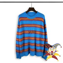 Men's Sweaters Blue Stripe Knit Mohair Sweater Crewneck Men Women Best Quality Oversize Sweatshirtsyolq