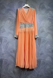 2024 Spring Pure Colour Panelled Sequins Dress Orange Long Sleeve V-Neck Long Maxi Casual Dresses A3J121438