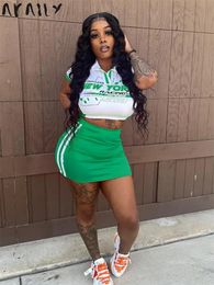 Akaily Green Graphic Print 2 Two Piece Set For Summer Women Streetwear Mini Skirt Sets Plus Size Matching Short Skirt Sets 240117