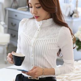 Women's Blouses Formal White Spring Fall Korean Mock Neck Button Up Long Sleeve Lace Striped Patchwork Elegant Office Chiffon Shirts Top