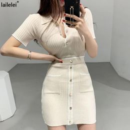 Suits Knitted 2piece set Button pocket pullover top short sleeve + mini skirts suit summer elegant casual ladies new 2021 Korea Two