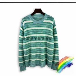 Men's Sweaters Green Mohair Stripe Knit Sweater Men Women Best Quality Round Neck Oversize Sweatshirtsephemeralew