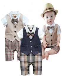 1pcs Baby Boys Infant Gentleman Suit Body Suit With Tie Rompers Clothes Outfits Plaid Pants Climb Clothes Of Male Baby Full Moon B8299211