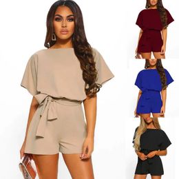 Selling Summer Shorts Fashionable Solid Color Belt Short Sleeved Jumpsuit Oneck Loose Sleeve WOman Clothing Outside 240116