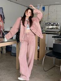 Women's Two Piece Pants Women Pink Denim Suit Two-Piece Pantsuit Elegant Coat Jeans Female Set Casual Loose Jacket Street Clothes