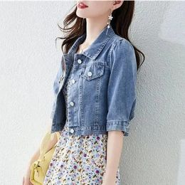 Vintage Crops Trendy Turn Down Collar Jacket Basic Solid Outwear Half Sleeve Denim Fit Harajuku Street Women 240116