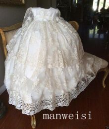 Chic 2018 Long Sleeve Christening Gowns For Baby Girls Lace Appliqued Beads Baptism Dresses With Bonnet First Communication Dress7068869