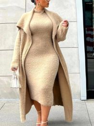 Plus Size Dresses LW Dress Teddy Plain Bodycon Set Women's 2024 Autumn Winter Warm Sexy Elegant Cocktail Evening Party