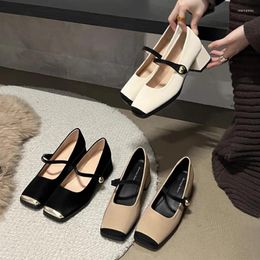 Dress Shoes Elegant Square Toe Mary Jane Woman Mid Heel Colour Contrast Ballet Flats Ladies Brand Design Evening Party Pumps