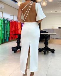 Casual Dresses Sexy For Women 2024 Spring One Shoulder Flare Sleeve Ruffles Slit Backless Solid Colour Slim Fit Maxi Dress Party Evening