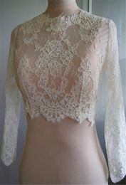 Cheap Bridal Wraps Modest Alencon Lace Crystals Long Sleeves Wedding Bridal Bolero Wedding Dresses Custom Made Sheer Lace Appl1756010
