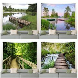 Rural Nature Landscape Tapestry Forest Plant Rustic Wooden Bridge Waterfall Fabric Wall Hanging Living Room Bedroom Garden Decor 240117