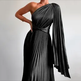 Casual Dresses Elegant One Shoulder Ladies Party Evening Dress Sexy Fashion Solid Long Sleeve Pleated High Waist Slim For Women 2024