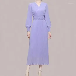 Casual Dresses Elegant For Women Autumn Winter Temperament French Purple Lantern Sleeves Waist Slim Pleated Chiffon Fashion