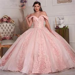 Princess Pink Ball Gown Quinceanera Dresses Puffy Off Shoulder Appliques Sweet 15 16 Dress Graduation Pageant Prom Gowns Vestidos241l