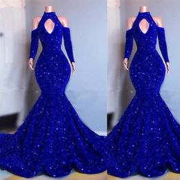Sparkly Royal Blue Evening Dresses Long Sleeves Sexy Off the Shoulder Sequins Mermaid High Neck Custom Plus Size Prom Party Gown v279h