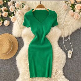 Party Dresses 2024 Summer Korean Version Temperament V-neck Simple Solid Colour Slim Fit Sexy Fashion Hip Knitted Dress