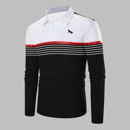 Spring Autumn Horse Print Men Long Sleeve Spell Colour Polo Shirt Men Business Casual Lapel Polo Shirt Tops . 240117