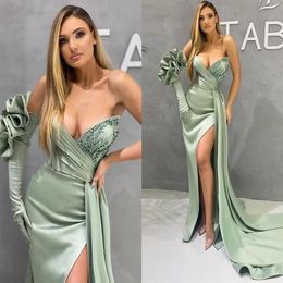 Sage Sexy Mermaid Prom Dresses Arabic Aso Ebi Satin Ruched Sequins Beaded Women Party Evening Gowns Sweep Train High Side Split Pe222a