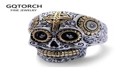 Real Solid 925 Sterling Silver Sugar Skull Rings For Men Mexican Rings Retro Gold Color Cross Sun Flower Engraved Punk Jewelry J017665219